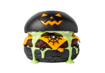Spooky Halloween Jack-o'-Lantern Burger. Black Bun, Green Slime, and Spiderweb Cheese. Isolated Festive Food for Creepy Celebration.