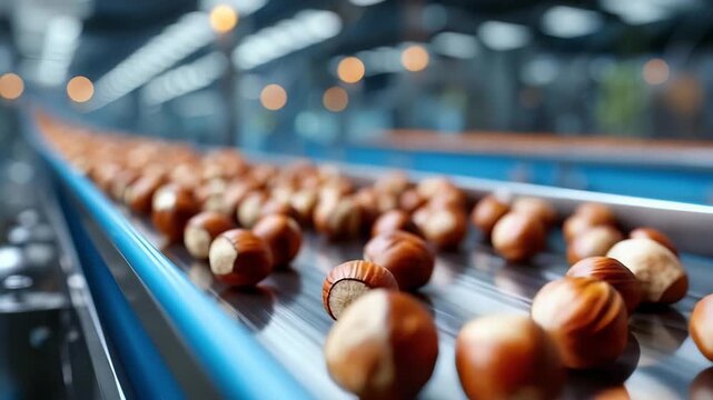 Hazelnuts moving along a blue conveyor belt in a nut processing plant.