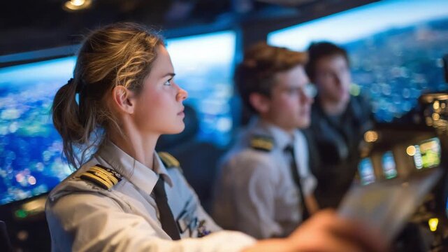 Female navigator instructs students in a simulator, utilizing aerial navigation charts amidst a modern, digital flight training environment.