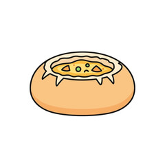 Cartoon bread bowl filled with creamy soup and vegetables.