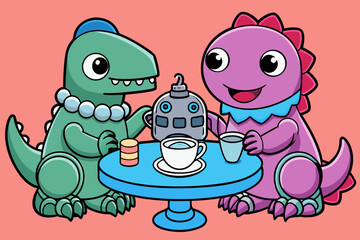 Two cute dinosaurs are having tea with a robot friend on a pink background