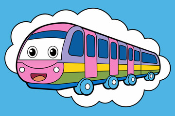 A cute cartoon train with a friendly face travels through fluffy white clouds © Bijoychandra