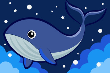 Obraz premium Cartoon whale swimming in the night sky with stars and clouds illustration art