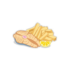 Delicious Salmon Steak with Golden French Fries and Lemon Slice.