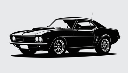 Naklejka premium Classic American Muscle Car Black Silhouette on White Background, Vintage Vehicle Graphics