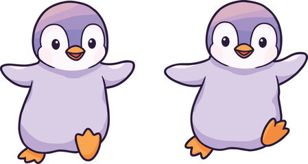 Cartoon baby penguins dancing playfully with colorful feet and wings, cute winter animals vector illustration for education, decor, and entertainment