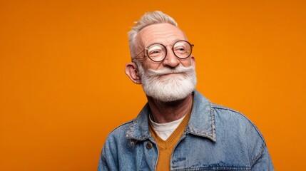Cheerful elderly man with glasses and a beard, dressed in casual attire, smiles against a bright orange backdrop, radiating warmth and style