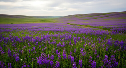 Fototapeta premium Vast Field of Vibrant Purple Flowers Covering Rolling Hills Under Cloudy Sky