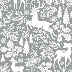 Seamless vector pattern with woodland deer and winter foliage. Cute deer and fawn on botanical background. Hand drawn illustration of wildlife. Perfect for textile, wallpaper or print design.
