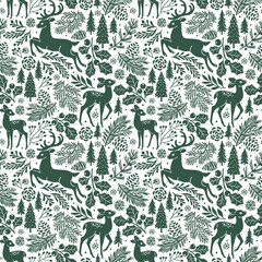 Seamless vector pattern with woodland deer and winter foliage. Cute deer and fawn on botanical background. Hand drawn illustration of wildlife. Perfect for textile, wallpaper or print design.