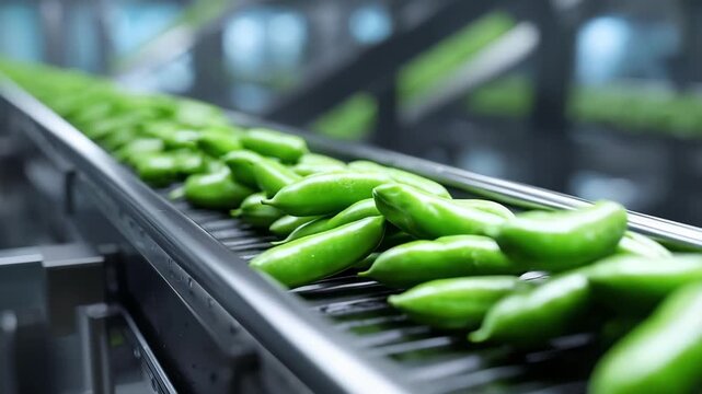 Green chili peppers on a conveyor belt in a food processing plant.