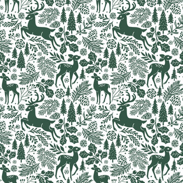 Seamless vector pattern with woodland deer and winter foliage. Cute deer and fawn on botanical background. Hand drawn illustration of wildlife. Perfect for textile, wallpaper or print design.
