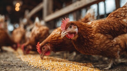 A group of brown chickens feeding on corn in a barn setting, showcasing their natural behavior in a farm environment.