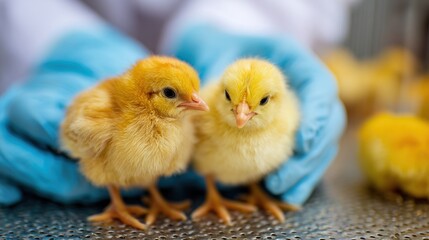 Two fluffy chicks are held gently in gloved hands, showcasing their soft feathers and curious expressions in a nurturing environment.