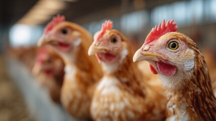 Fototapeta premium A close-up of chickens in a barn, showcasing their feathers and features, highlighting farm life and poultry husbandry.