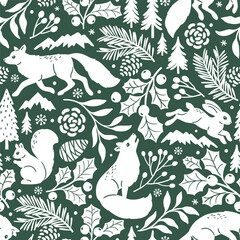 Seamless vector pattern with woodland animals and winter foliage. Wolf, rabbit and squirrel on botanical background. Hand drawn illustration of wildlife. Perfect for textile, wallpaper or print design
