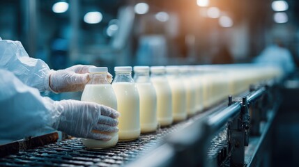 A worker handles milk bottles on a production line, highlighting the dairy processing industry in a clean and controlled environment.