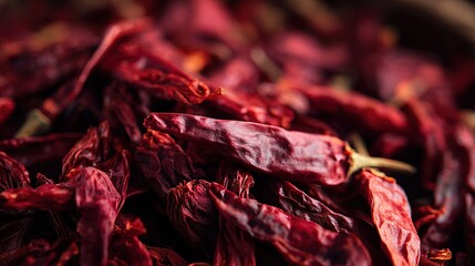 Dried red chilies arranged closely, showcasing their deep red color and wrinkled texture, perfect for adding spice and flavor to various dishes.