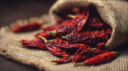 Dried red chilies spill from a burlap sack, showcasing their vibrant color and texture against a rustic background.