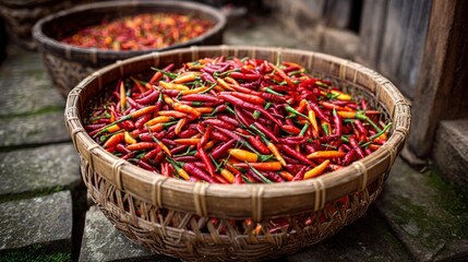 A vibrant display of red and yellow chili peppers in woven baskets, resting on cobblestone, showcasing a rich agricultural harvest.
