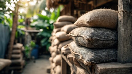 A serene setting featuring stacked burlap sacks, surrounded by lush greenery, evoking a rustic and tranquil atmosphere.