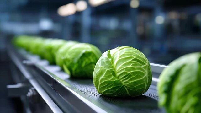 Green cabbages on a conveyor belt in a vegetable processing plant.
