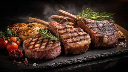 Succulent grilled lamb chops served on a slate platter, garnished with rosemary and accompanied by roasted vegetables and cherry tomatoes.
