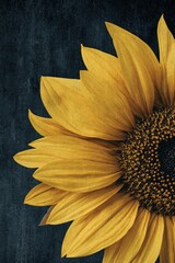 A vibrant sunflower in close-up, showcasing its bright yellow petals and intricate seed center against a dark background.