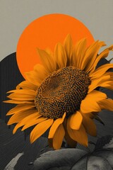 A vibrant sunflower stands out against a stylized background featuring a large orange sun and abstract shapes.