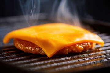 A melting slice of cheddar cheese atop a sizzling patty, releasing steam, highlighting the deliciousness of grilled food.