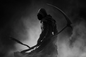 A cloaked figure with a scythe stands amidst swirling smoke, creating a mysterious and ominous atmosphere in black and white.