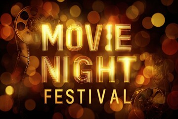A vibrant graphic featuring the text "Movie Night Festival" highlighted with golden letters and film reel motifs against a bokeh background.