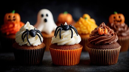 Festive Halloween-themed cupcakes decorated with spiders, ghosts, and pumpkins, perfect for spooky celebrations and autumn treats.