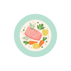 Illustrated plate of salmon fillet with fresh vegetables.