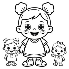 Obraz premium Vector illustration of three happy cute cartoon girls for coloring book and children's designs scalable eps silhouette White background