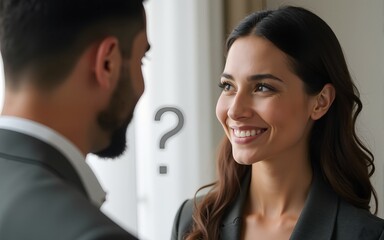 Man talking to an attractive woman with question mark. High quality