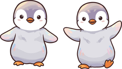 Cartoon baby penguins with blush cheeks and playful poses, cute winter animals vector illustration for children’s content, decor, and education