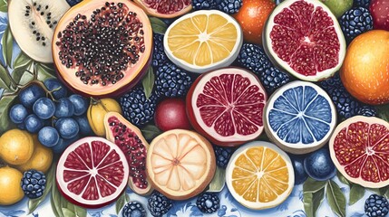 Colorful and vibrant fresh fruit assortment still life painting