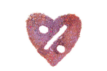 A multicolored pink heart made from scattered eyeshadow powder, with a percent sign drawn inside,...