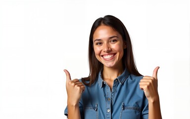 Young brazilian woman wearing denim shirt standing over isolated white background showing and pointing up with fingers number two while smiling confident and happy. High quality