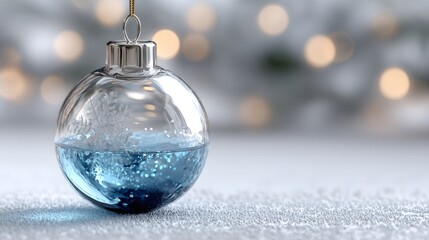Glass christmas ornament filled with blue liquid and snowflake