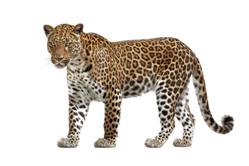 Fototapeta premium Majestic Leopard: A stunning leopard, a symbol of grace and power, stands regally, its spotted coat and piercing gaze commanding attention. 