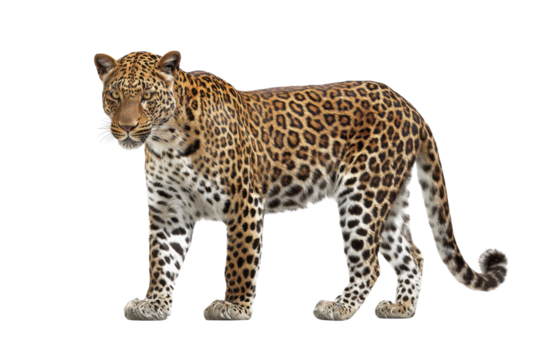 Majestic Leopard: A stunning leopard, a symbol of grace and power, stands regally, its spotted coat and piercing gaze commanding attention. 