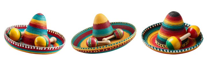 Set of Authentic Mexican sombrero hat made of straw, angled view on transparent png background. Ai generated
