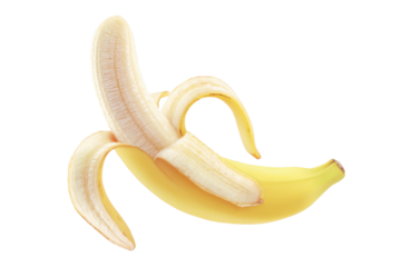 Peeled Banana's Temptation: This image of a peeled banana reveals its smooth, creamy flesh, ready to enjoy. The curved peel partially open invites a close look and highlights the fruit's freshness.