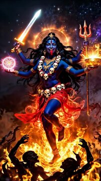 Indian Goddess Kali in Divine Cosmic Dance Pose over Flames with Evil Shadowy Forms