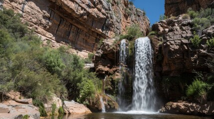 Obraz premium Natural Waterfall Wonders: Flowing Streams, Forested Mountains, and Moss-Covered Rocks in Outdoor Landscapes
