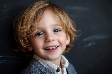 Adorable smiling school kid posing in front of chalkboard, cheerful happy classroom moment portrait, generative ai
