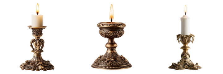 Set of Alchemy England Baroque Gothic candle holder in antique gold finish on transparent png background. Ai generated