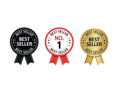 Collection of vector best seller circular emblems with ribbons. Set includes gold, black, and red number one winner medals for marketing and sales